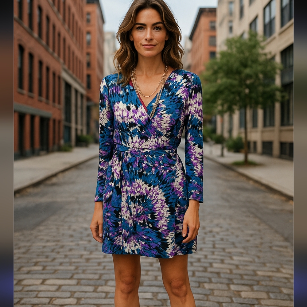 Nicole by Nicole Miller Long Sleeve Tied Dyed Design Wrap Dress